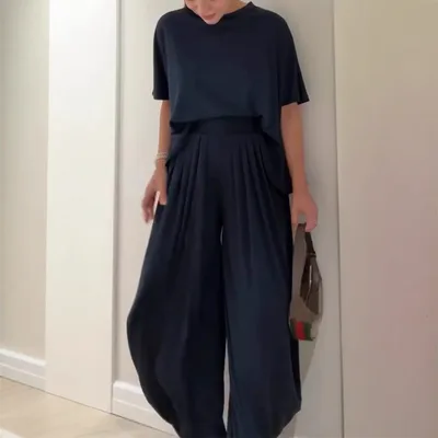 Solid Color Casual Loose Round Neck Wide Leg Pants Women's Suit Dark Blue - Shop at LoveMi