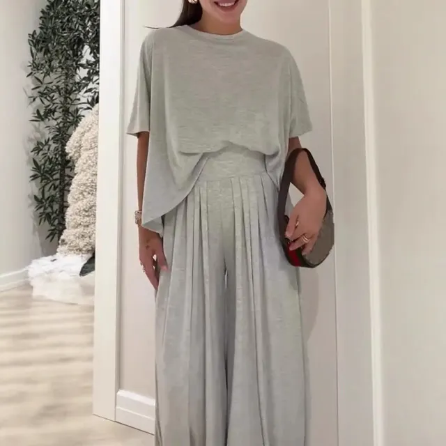 Solid Color Casual Loose Round Neck Wide Leg Pants Women's Suit Light Gray - Shop at LoveMi
