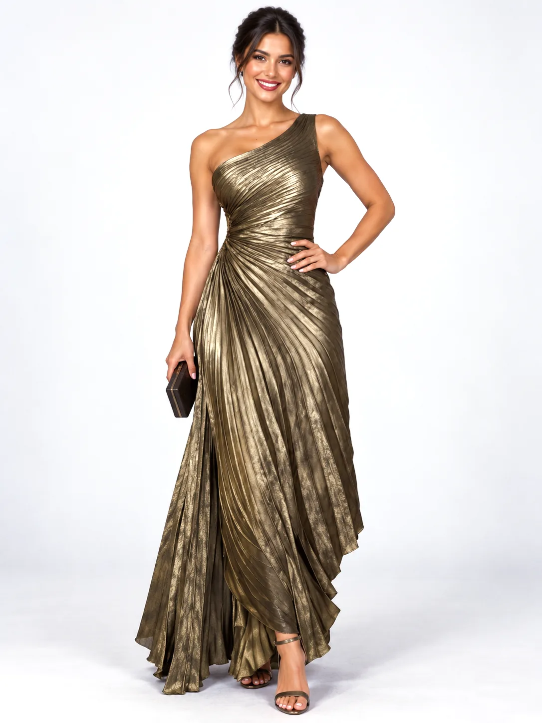 Radiation Pleated Sloping Shoulder Dress Sleeveless One-shoulder - Ancient Gold - View 1