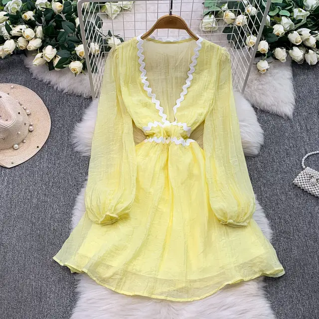 French Style Vacation Gentle Blue Wavy V neck Dress Light Yellow - Shop at LoveMi
