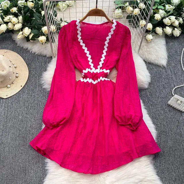 French Style Vacation Gentle Blue Wavy V neck Dress Rose Red - Shop at LoveMi