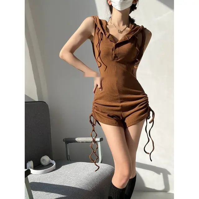 American Hooded One piece Vest T shirt Shorts Brown - Shop at LoveMi
