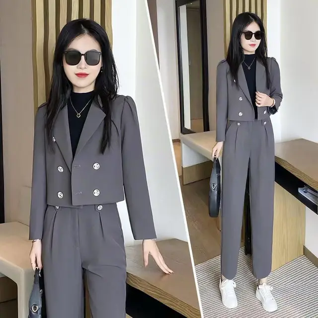 Suit Jacket Women's Long Sleeve Pants Suit Grey - Shop at LoveMi