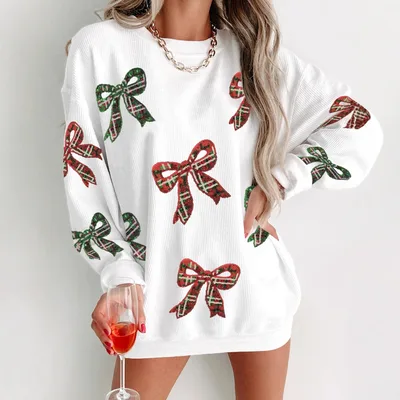 European And American Autumn And Winter Women's Bow Sequins Round Neck Loose Sweatshirt Beige - Shop at LoveMi