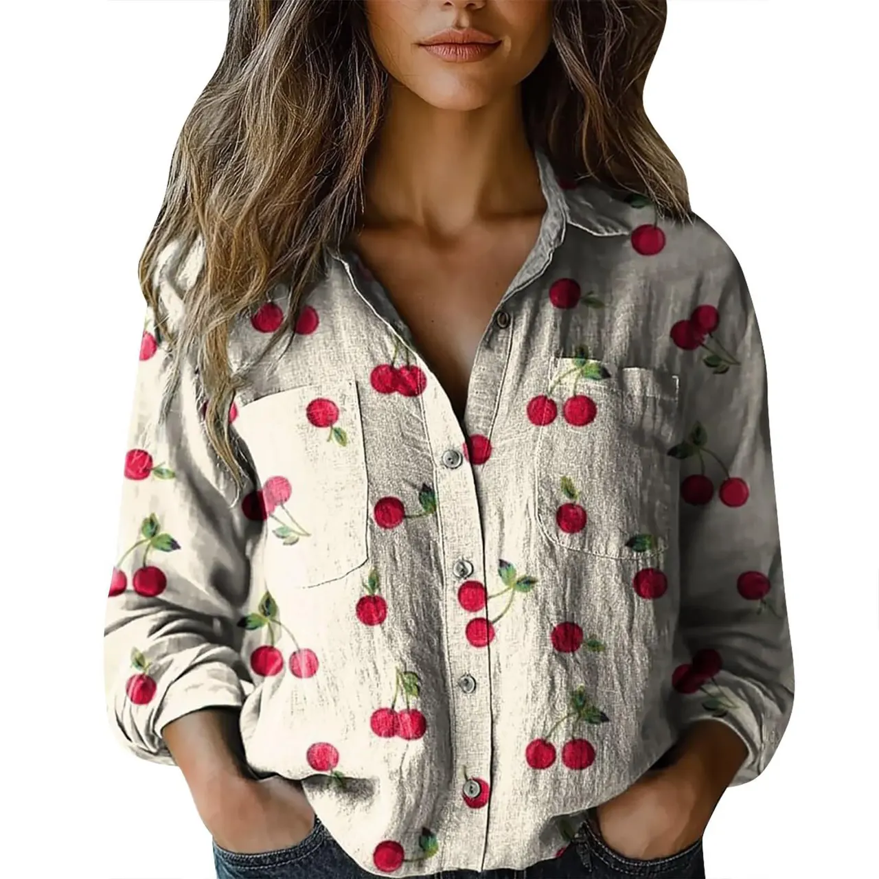 3D Digital Printing Women's Plus Size Lapel Long Sleeve Shirt - Zzs25041503Wh