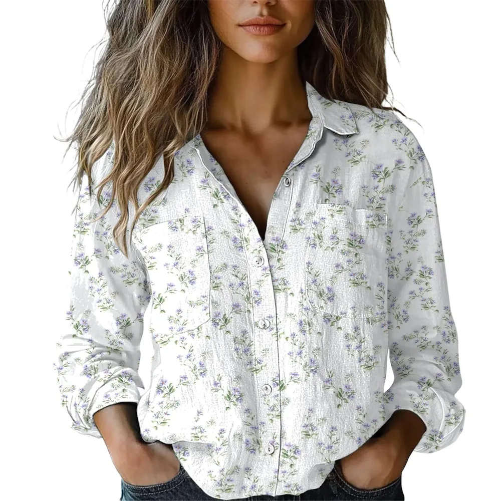 3D Digital Printing Women's Plus Size Lapel Long Sleeve Shirt - Zzs25041503Wh2 - View 1
