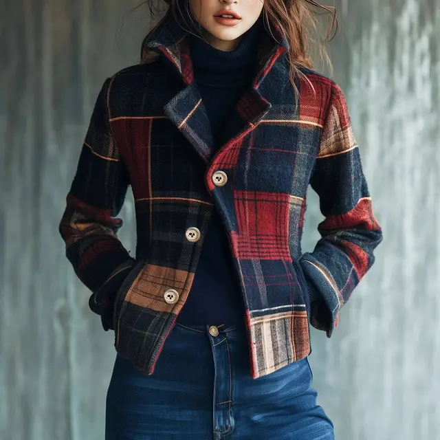 Plaid Retro Warm Coat Autumn And Winter Stand Collar Plaid - Shop at LoveMi