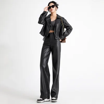 American PU Leather Pants Women's High Waist Slimming Drape Casual Straight Pants Black Regular Style - Shop at LoveMi