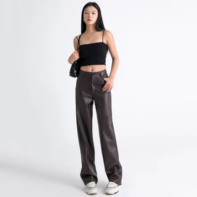 American PU Leather Pants Women's High Waist Slimming Drape Casual Straight Pants Brown Lengthened - Shop at LoveMi
