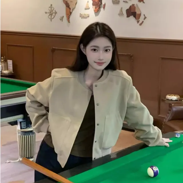 Retro Short Baseball Jacket Women's Niche Loose Casual Khaki - Shop at LoveMi