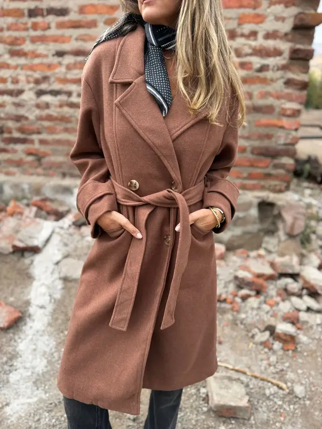 Autumn And Winter Lacing Cardigan Casual Long Sleeve Lapel Woolen Pocket Coat Women Dark Brown - Shop at LoveMi