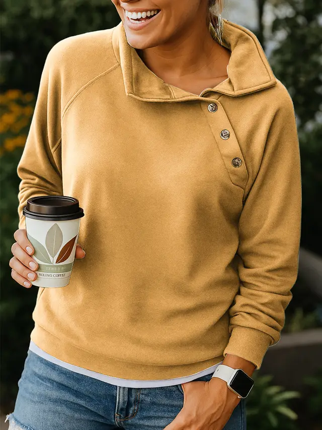 Casual Loose And Stylish Long Sleeves Button Diagonal Collar Sweater Yellow - Shop at LoveMi