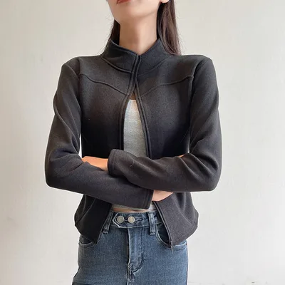 Stand Collar Short Coat Cashmere Hoodie Women Plus Velvet Thickening Dark Gray - Shop at LoveMi