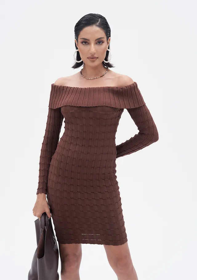 European And American style Cold shoulder Bodycon Knitted Dress With High Sense Brown - Shop at LoveMi