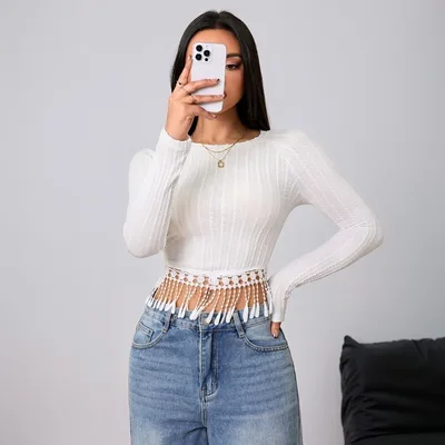 Simple Intellectual Style T shirt Tassel Design Sense Slim Fit Slimming Top White - Shop at LoveMi
