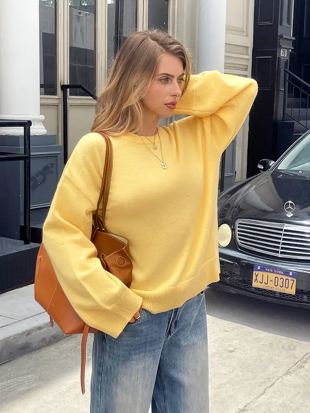 Solid Color Long Sleeve Sweaters Women's Clothing Yellow - Shop at LoveMi