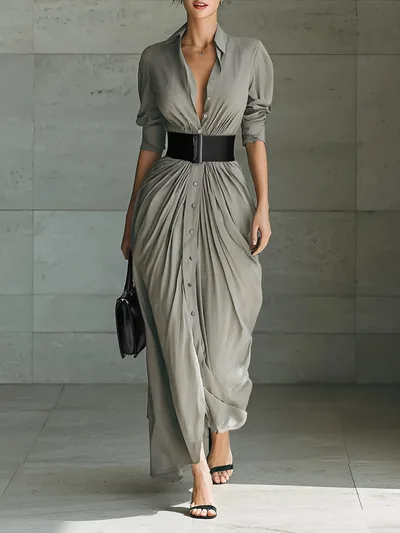 Fashionable Elegant Lapel Breasted Shirt Dress With Belt Gray Grey - Shop at LoveMi
