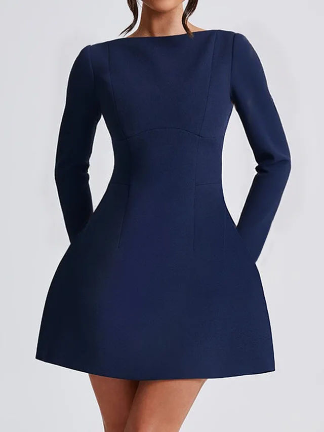 Elegant Style Solid Color Long Sleeve Women's Dress Navy Blue - Shop at LoveMi