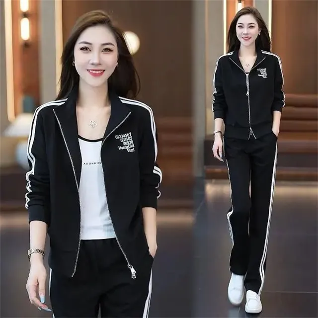 Casual Sports Women's Fashionable Stylish Coat Straight leg Pants Plus Size Two piece Suit Black - Shop at LoveMi