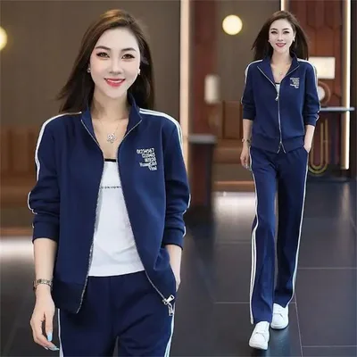 Casual Sports Women's Fashionable Stylish Coat Straight leg Pants Plus Size Two piece Suit Blue - Shop at LoveMi