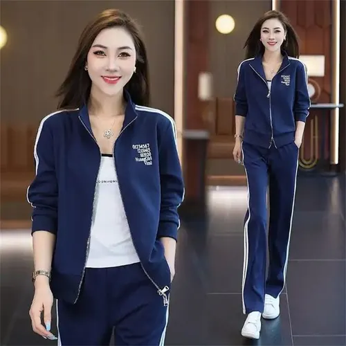Casual Sports Women's Fashionable Stylish Coat Straight leg Pants Plus Size Two piece Suit Blue - Shop at LoveMi