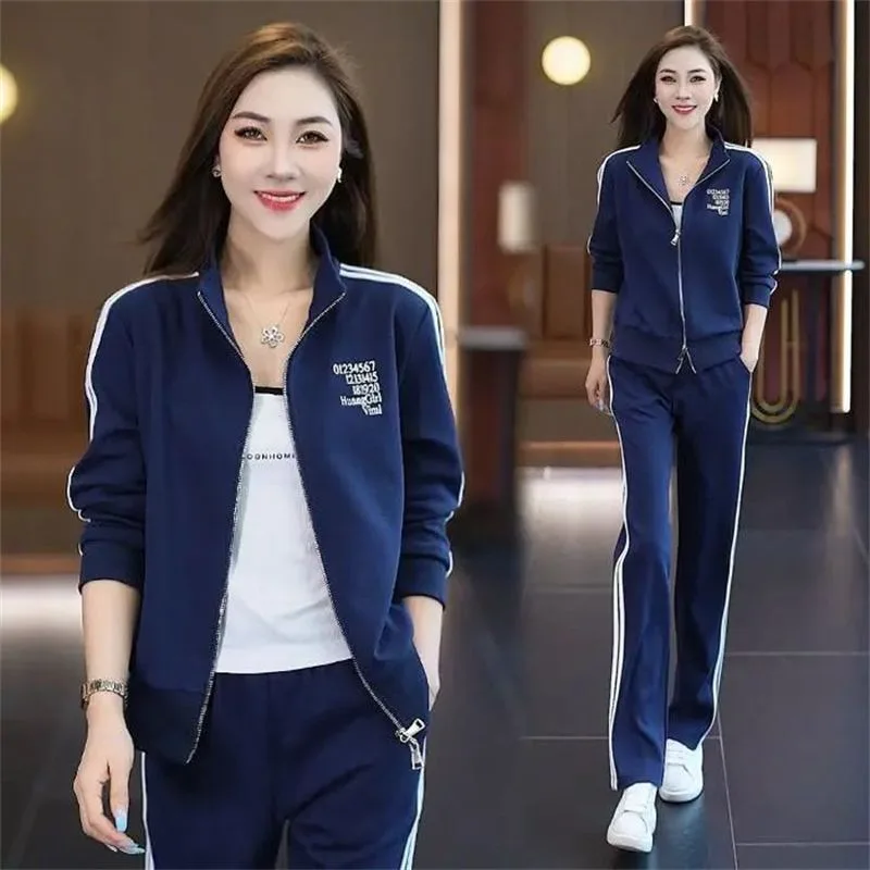 Casual Sports Women's Fashionable Stylish Coat Straight-leg Pants Plus Size Two-piece Suit - Blue - View 1
