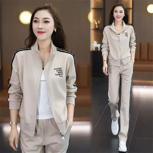 Casual Sports Women's Fashionable Stylish Coat Straight leg Pants Plus Size Two piece Suit Khaki - Shop at LoveMi