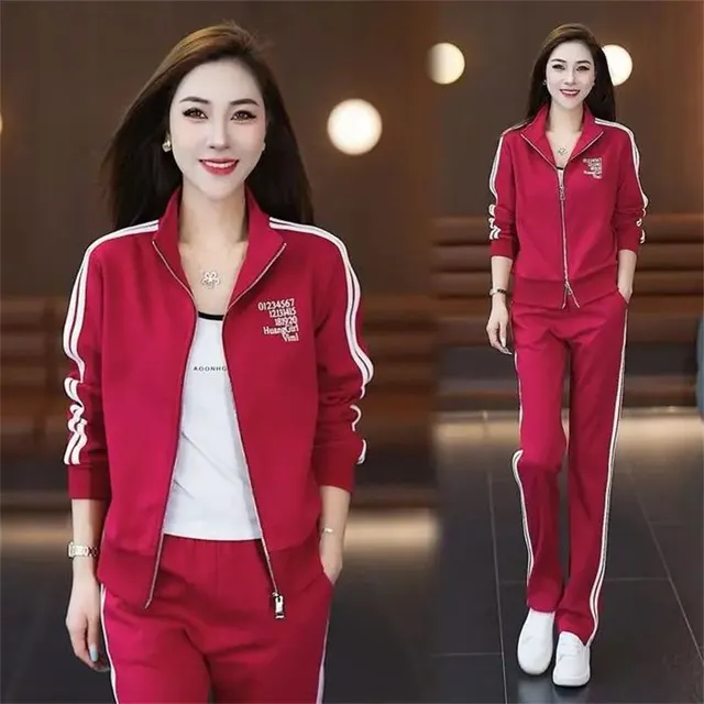 Casual Sports Women's Fashionable Stylish Coat Straight leg Pants Plus Size Two piece Suit Red - Shop at LoveMi