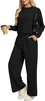 Knitted Long-sleeved Top Casual Wide-leg Trousers Suit - Black
