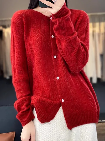 Round Neck Cardigan Hollow Cashmere Sweater Coat For Women Red - Shop at LoveMi