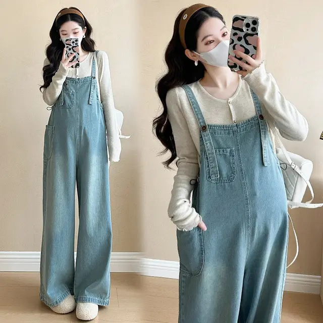 Simple New Long Sleeve Top Washed Denim Maternity Bib Pants Suspender Pants - Shop at LoveMi