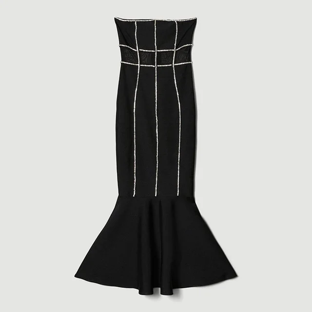 Tube Top Mesh Rhinestone Chain Fishtail Skirt Socialite Dress Tight Bandage One piece Dress Black - Shop at LoveMi
