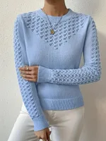 Solid Colour Hollow Elegant Round Neck Long Sleeve Sweater - Sky Blue