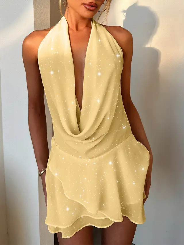 Women's Halter Solid Color Skirt Dress Yellow - Shop at LoveMi