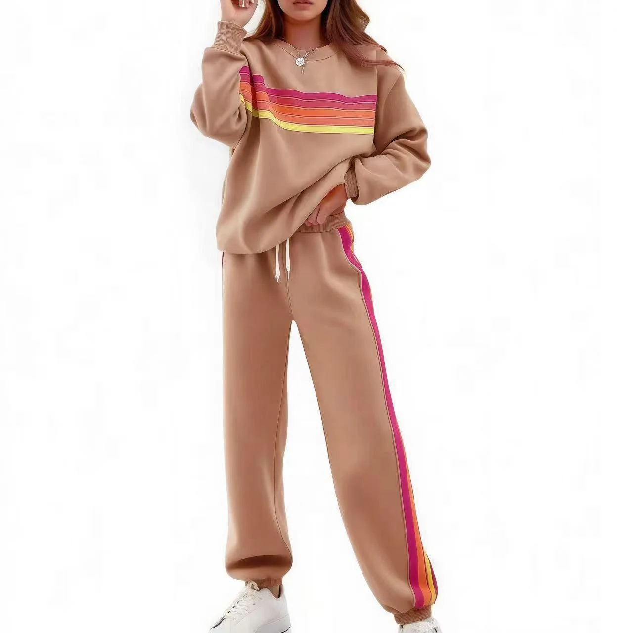 Round Neck Loose Color Stripes Elastic Waist Pants Sweater Suit - Brown