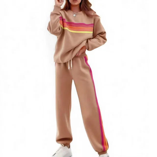 Round Neck Loose Color Stripes Elastic Waist Pants Sweater Suit Brown - Shop at LoveMi