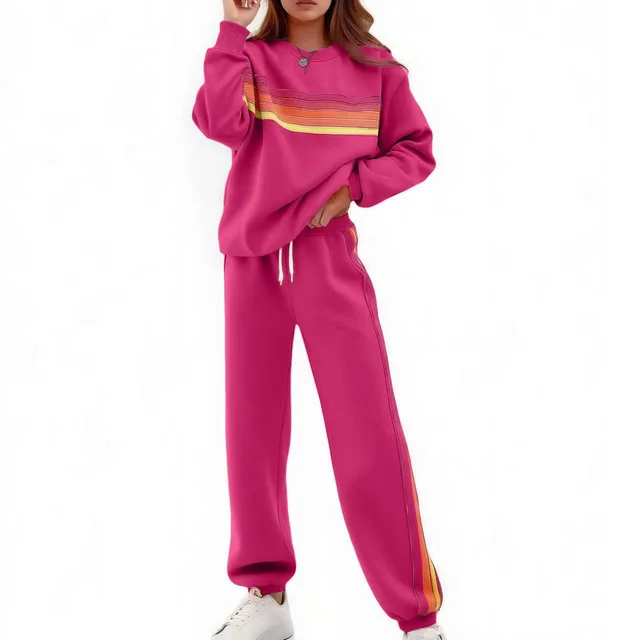 Round Neck Loose Color Stripes Elastic Waist Pants Sweater Suit Rose Red - Shop at LoveMi