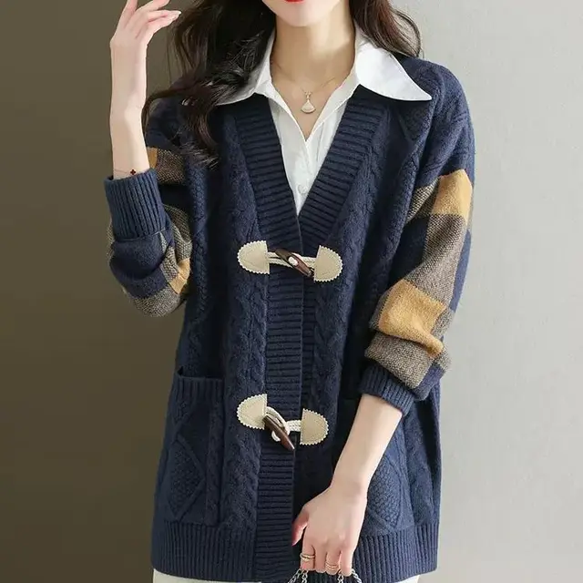 Women's Mid length Knitted Cardigan Autumn And Winter Navy Blue - Shop at LoveMi