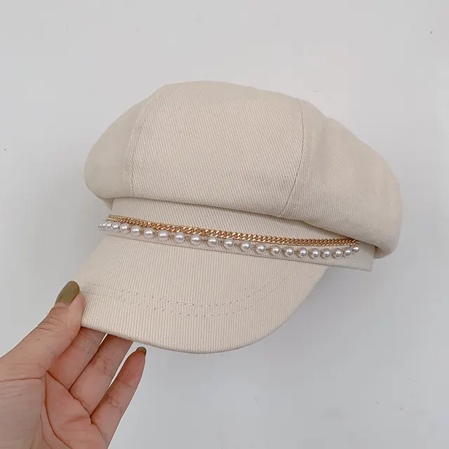 Pearl Octagonal Cap Korean Style All matching Graceful Beret Classic Style Duck Tongue Newsboy Cap Tide My166 Beige - Shop at LoveMi