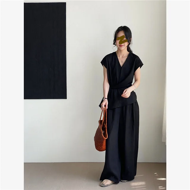 Two piece Lace up Sleeveless Shirt And Wide leg Pants Black Suit - Shop at LoveMi