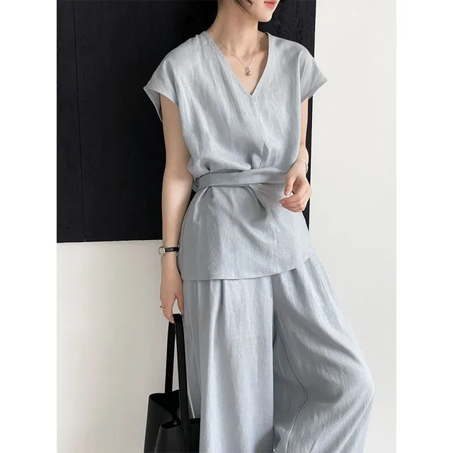 Two piece Lace up Sleeveless Shirt And Wide leg Pants Fog Blue Suit - Shop at LoveMi