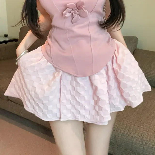 Tube Top High Waist A Line Skirt Suit Pink Skirt - Shop at LoveMi
