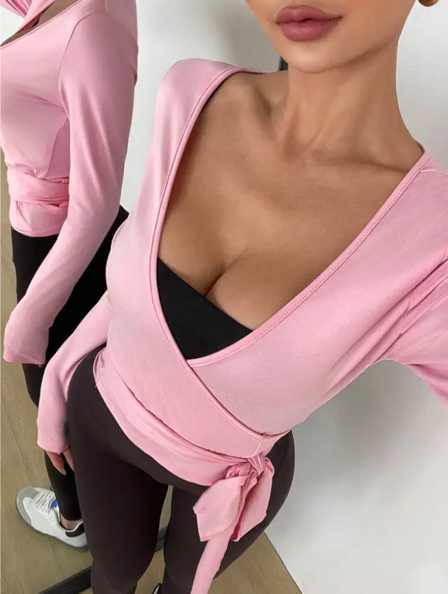 Lace up Blouse Sports Top Women's Yoga Clothes Girl Pink - Shop at LoveMi