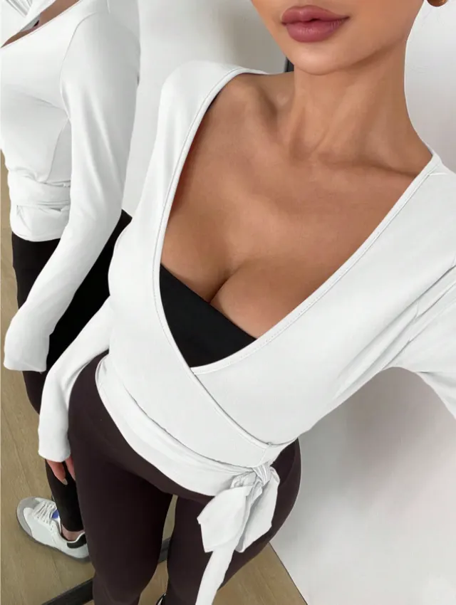 Lace up Blouse Sports Top Women's Yoga Clothes Snow White - Shop at LoveMi