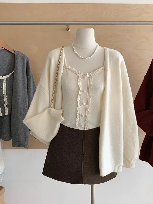 Women's Solid Color Sweater Cardigan Two piece Suit Beige Sweater Suspenders - Shop at LoveMi