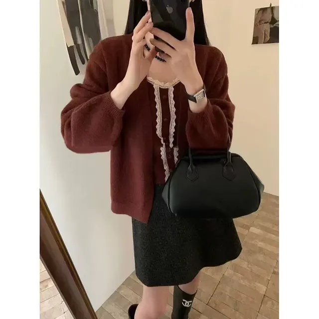 Women's Solid Color Sweater Cardigan Two piece Suit Red Sweater Suspenders - Shop at LoveMi
