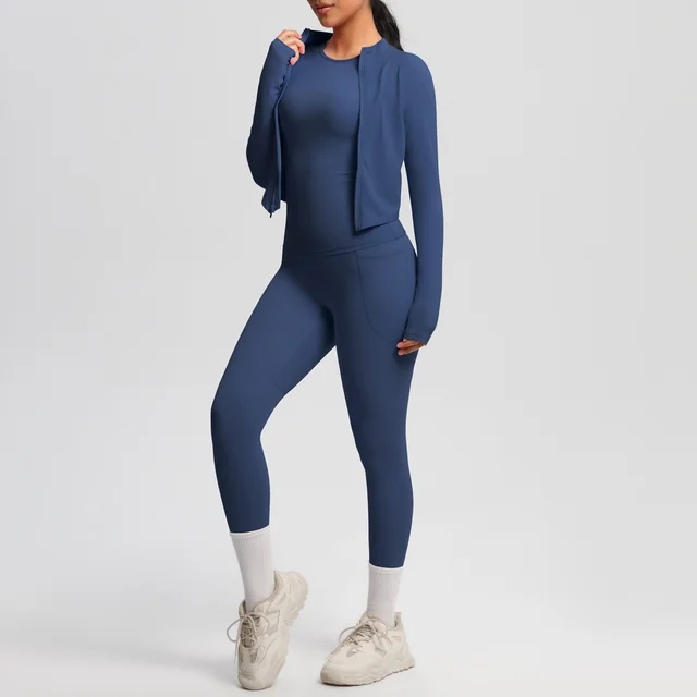 Women's Tight Sports Zipper Jacket Slimming Fitness Suit Badge Blue - Shop at LoveMi