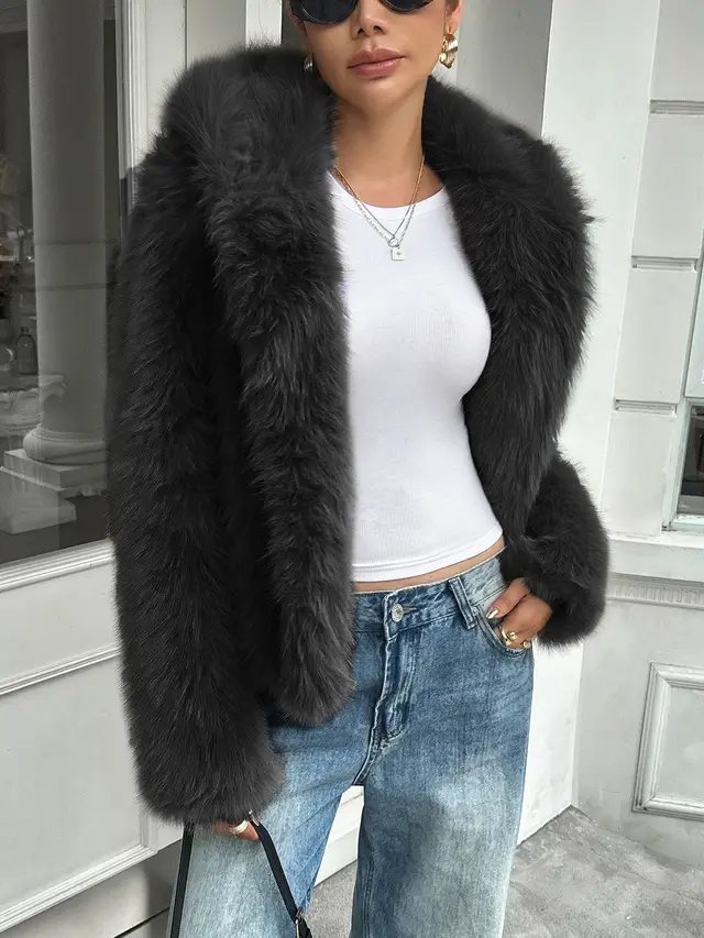 Fleece Long Sleeve Coat Women's Clothing Black - Shop at LoveMi