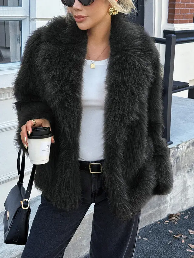 Solid Color Fluff Long Sleeve Coat Women's Clothing Black - Shop at LoveMi