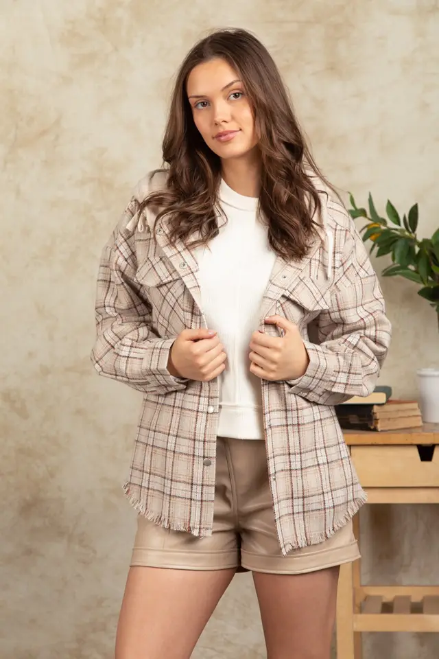 Fashion Hooded Large Pocket Plaid Shirt Coat Beige - Shop at LoveMi